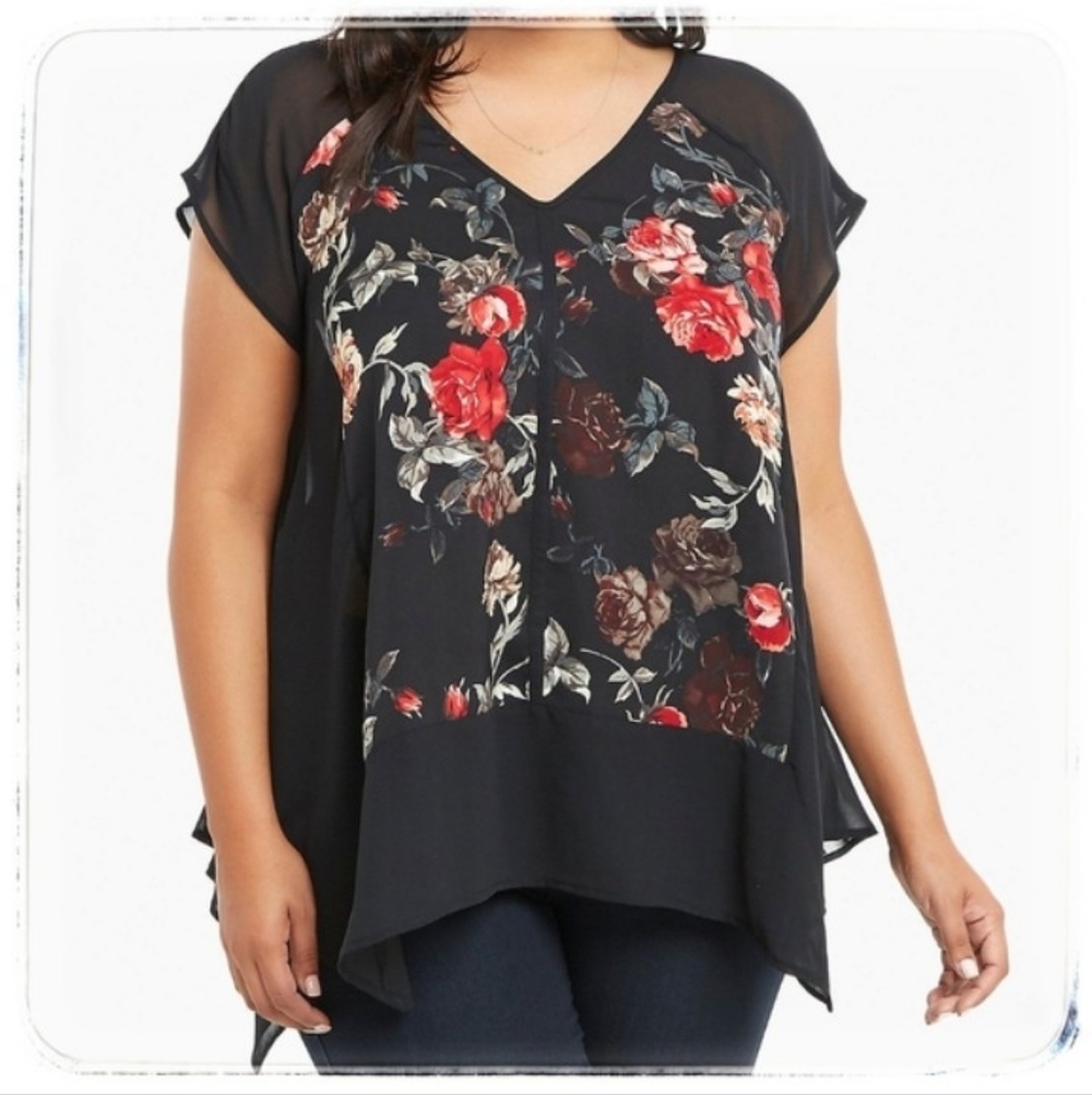SOLD Torrid Women's 3X Floral Print Chiffon Blouse Semi Sheer Artsy Sharkbite